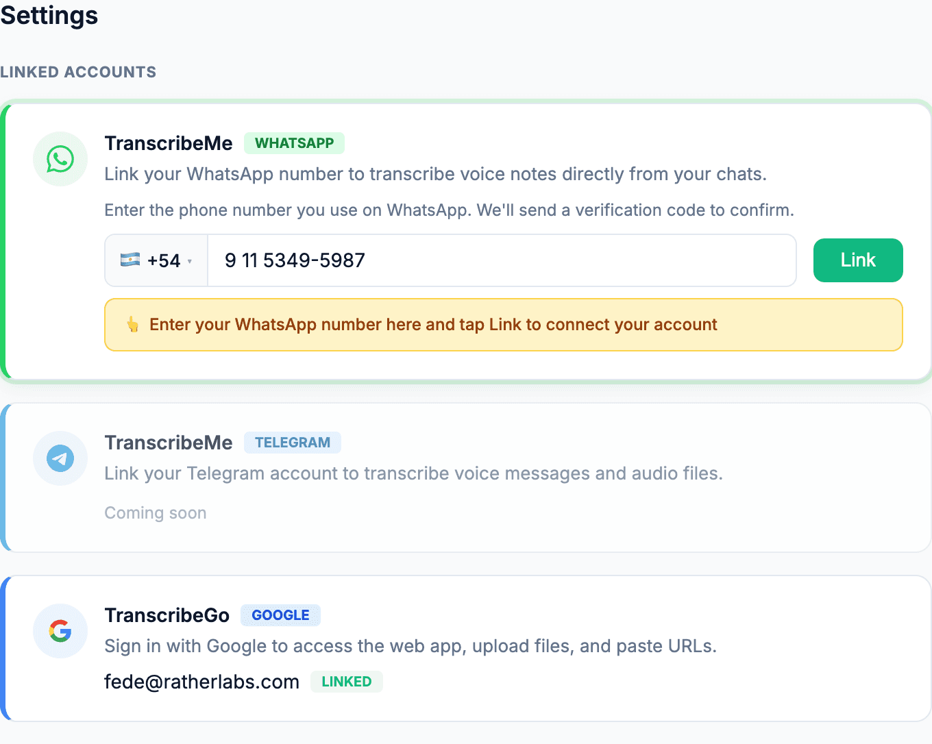 TranscribeGo Settings page showing WhatsApp linking flow with phone number input