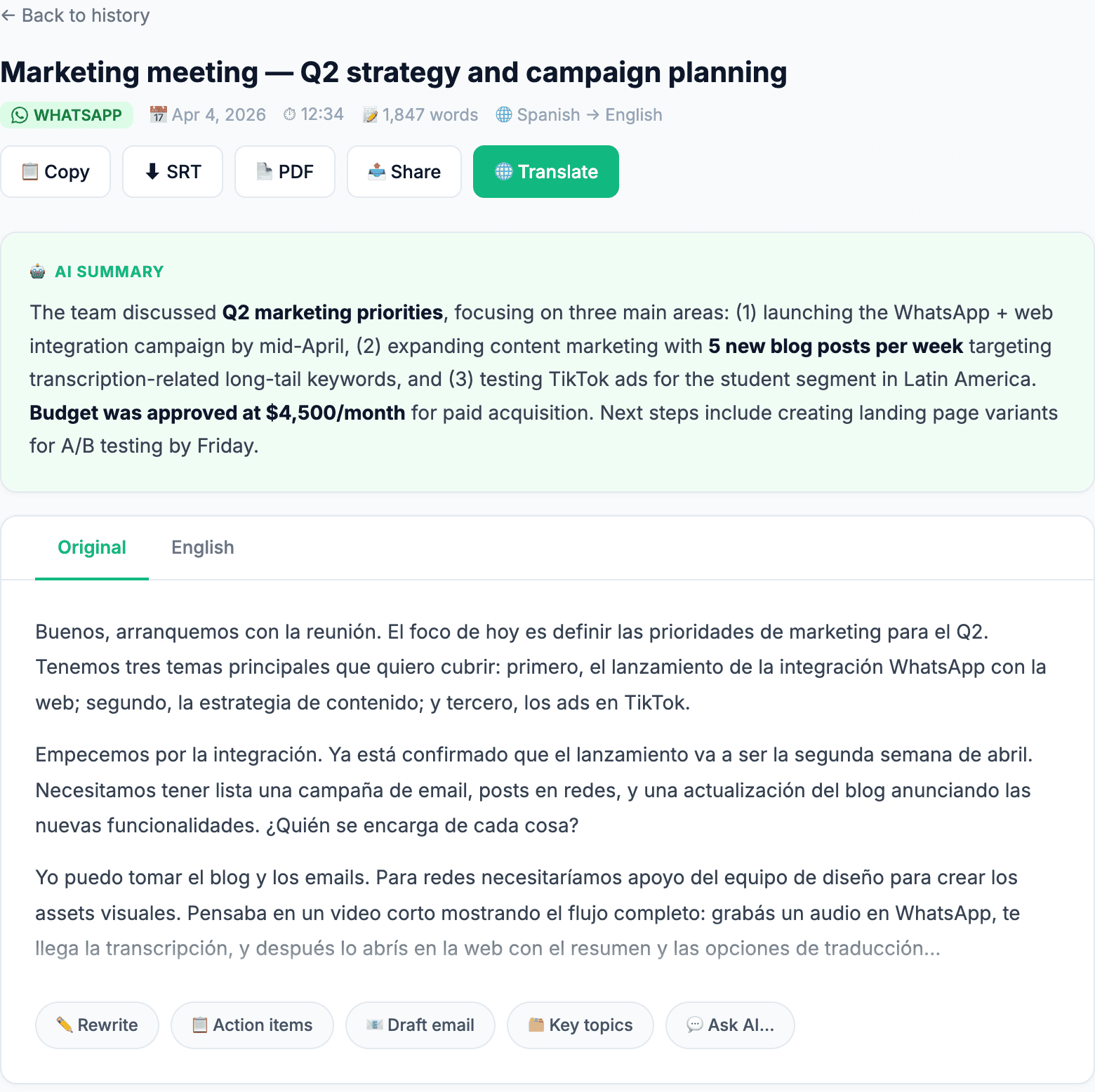WhatsApp voice note transcription viewed on TranscribeGo web app with AI summary, translation, and export tools