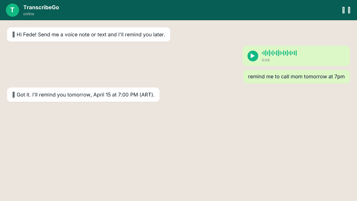 WhatsApp chat showing a user sending a voice note reminder to TranscribeGo