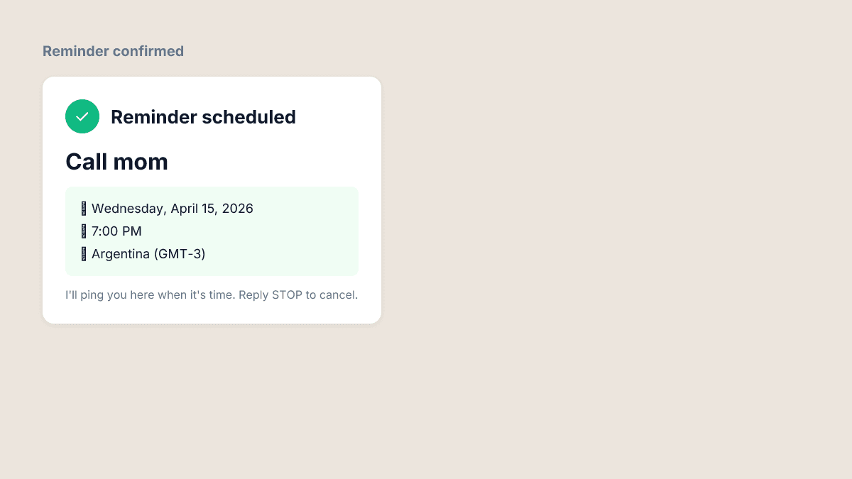 Confirmation message from TranscribeGo showing the parsed reminder details