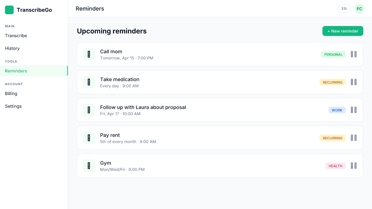 TranscribeGo Reminders dashboard in the web app, showing upcoming and recurring reminders