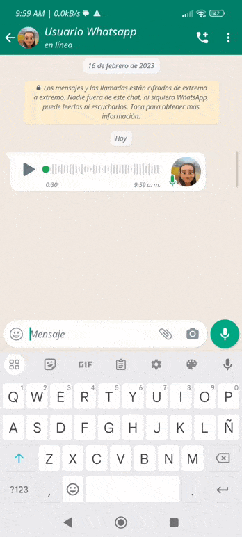 WhatsApp conversation showing a voice note forwarded to the TranscribeGo bot with instant transcription